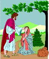 A color image of Martha approaching Jesus at Lazarus' death.