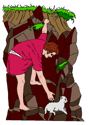 A color graphic of a shepherd reaching for his lost sheep.
